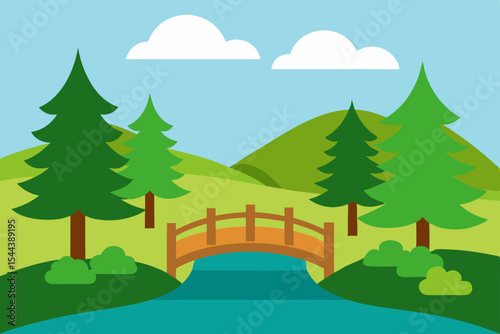 Serene Landscape Picturesque Wooden Bridge over Calm River, Lush Green Hills, and Evergreen Trees