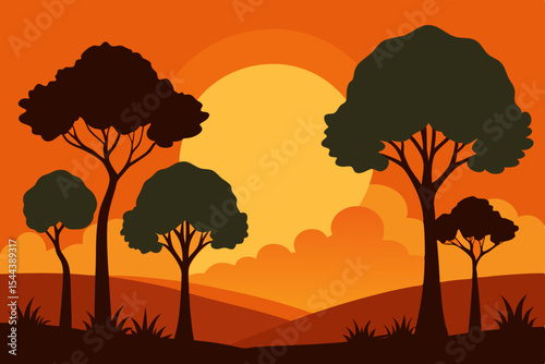 Sunset Silhouette Landscape Trees, Hills, and Golden Sky