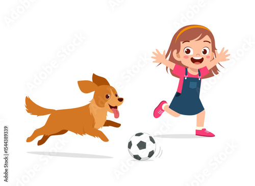 Happy little girl playing soccer with her dog illustration, cheerful and playful.