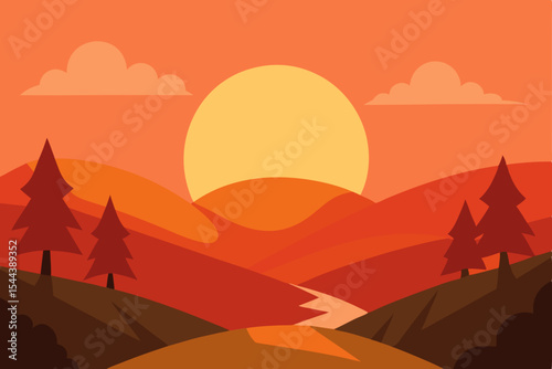 Serene Sunset Landscape  Warm Hues and Rolling Hills Illustration