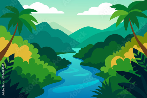 Serene River Landscape Lush Tropical Paradise, Tranquil Valley Scene