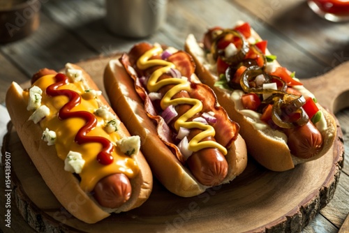 A photograph showcases three gourmet hot dogs
