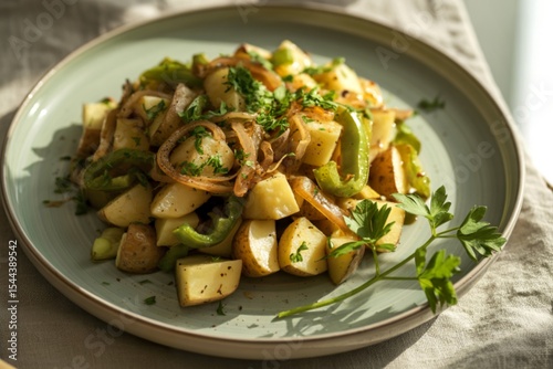 A photograph showcasing a rustic potato hash dish