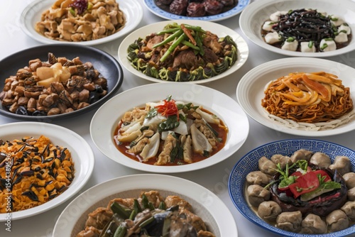 A photograph showcasing a vibrant assortment of Chinese dishes