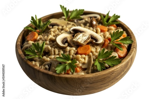a rustic wooden bowl overflowing with a hearty barley mixture