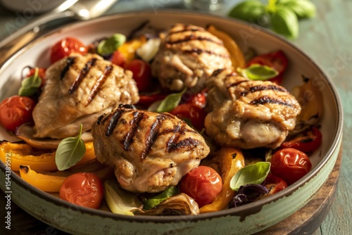 a rustic dish of grilled chicken thighs