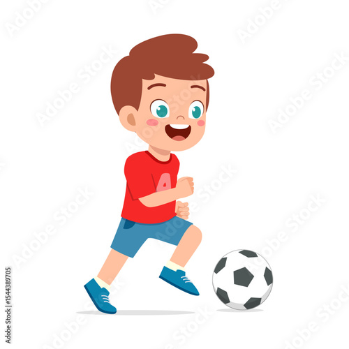 Excited Little Boy Running to Kick a Soccer Ball with Happy Expression on White Background