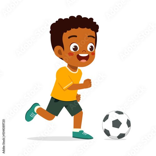 Happy African Boy Running Towards Soccer Ball to Kick with a Smile Illustration
