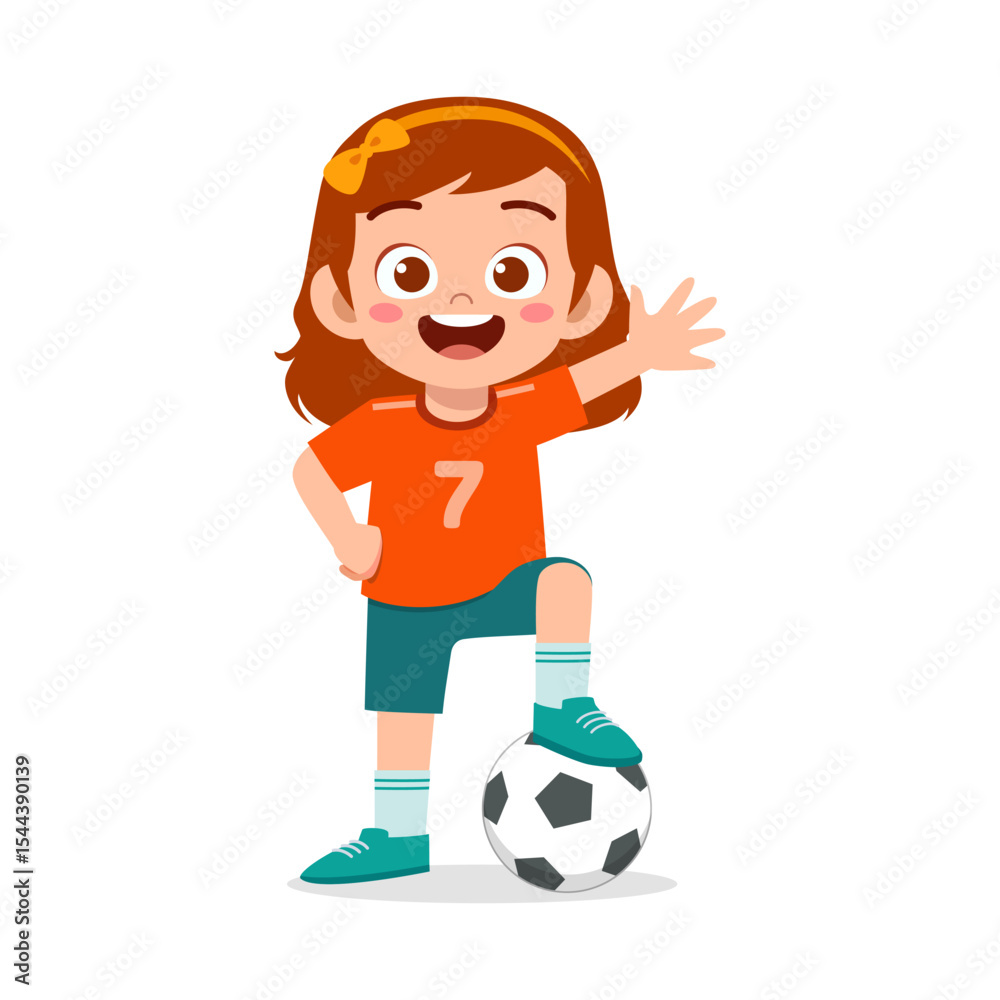 Fototapeta premium Happy Little Girl with Soccer Ball Raising Hand and Wearing Orange Jersey Smiling in Cartoon Style