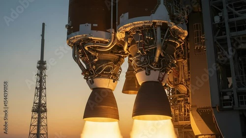 Rocket Launching During Sunset with Flames and Exhaust Plumes