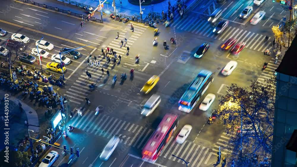 Timelapse of City Traffic Flow at an Intersection at Night