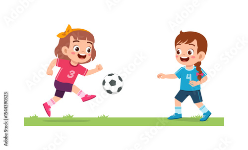 Two Cute Young Children Playing Soccer Together on Grass Field with Happy Expression in Cartoon Style