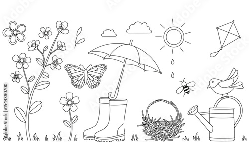 Colorful flowers and plants under a vintage umbrella, illustrating a seamless autumn rain pattern