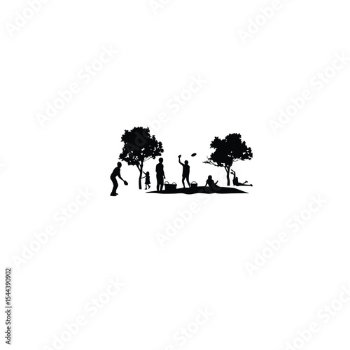 People playing frisbee at a park picnic on white background