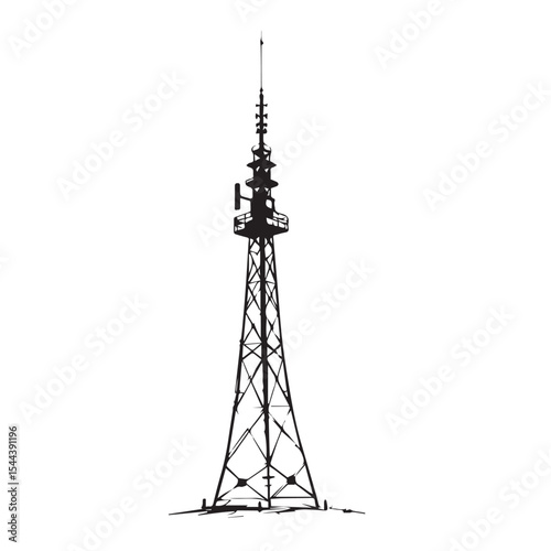 Black and white illustration of a tall communication tower