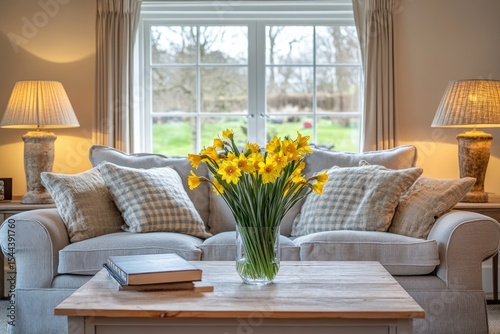 A bright living room with gray sofas, a wooden coffee table, and yellow daffodils in the vase on top of it. A window is open behind which there's another sofa. The walls have light gray curtains.