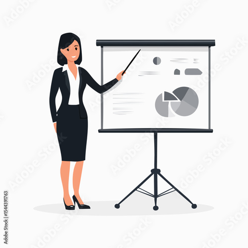 Minimal flat vector of a businesswoman pointing at a presentation board, solid black silhouette, ideal for business presentation, leadership, and professional training scenes