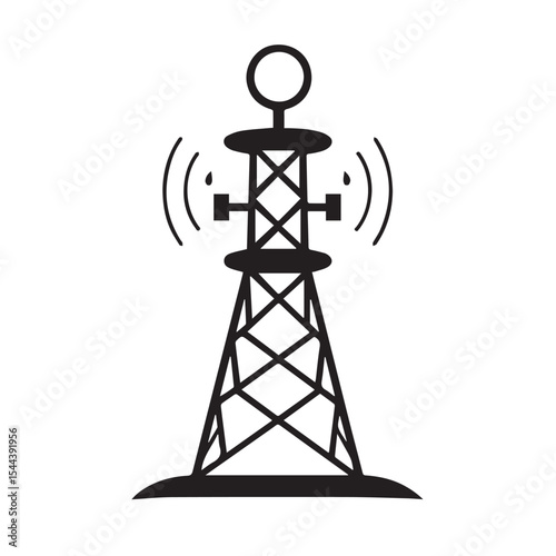 Simple black silhouette of a telecommunication tower with signal waves