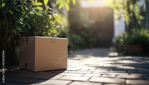 A brown cardboard box is placed on the brick floor of an outdoor residential yard, with blurred greenery in the background and space for text or product display.
