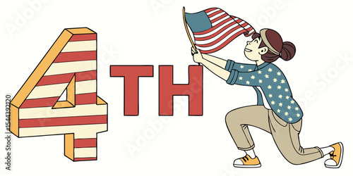 Illustration of fourth of july celebration with waving american flag and patriotic symbols around her