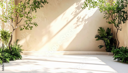 Beige Wall with Natural Sunlight and Green Plants