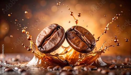 Stunning Close-Up of Roasted Coffee Beans Splashing in Liquid with Beautiful Backdrop of Warm Tones and Bokeh Effect
