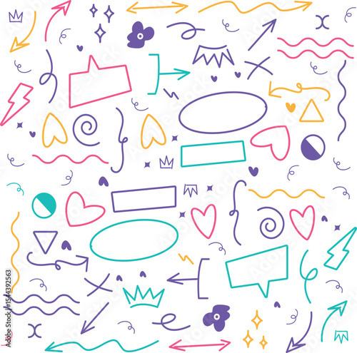 Sketch line arrow element, star, heart shape. Hand drawn doodle sketch style circle, cloud speech bubble grunge element set.