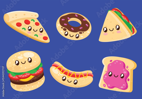 Set of cute kawaii food cartoon character illustration