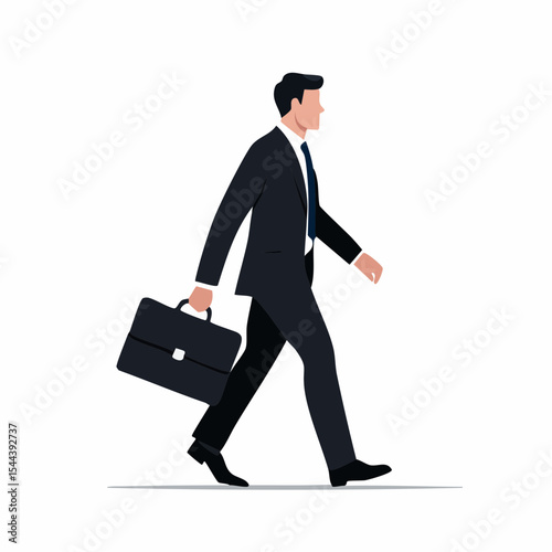 Minimal black silhouette vector of a businessman walking with briefcase, side view, corporate, professional, leadership, office, career, business concept