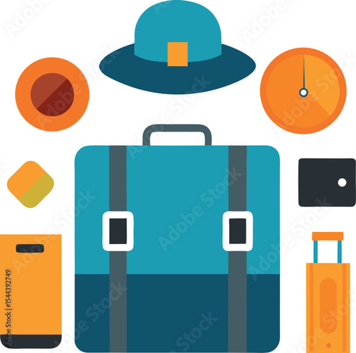 Flat Lay of Essential Travel Gear Including Suitcase
