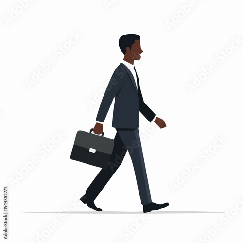 Minimal flat vector of a businessman walking with briefcase, side view, professional look, career, corporate movement, clean black silhouette design