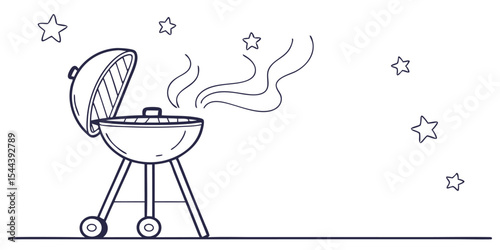 Illustration of a barbecue grill with smoke rising and stars scattered in the background design