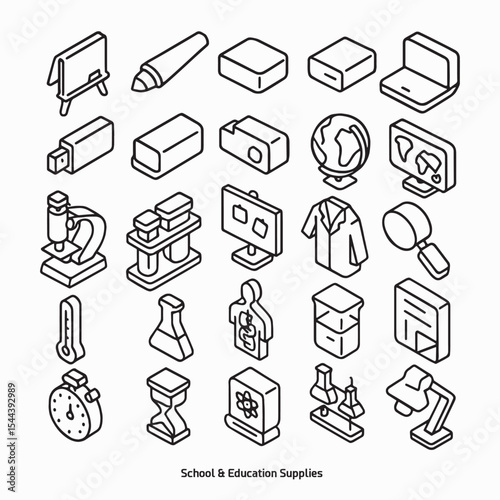 Back to School Isometric Line Icons – Science, Classroom & Study Supplies Set
