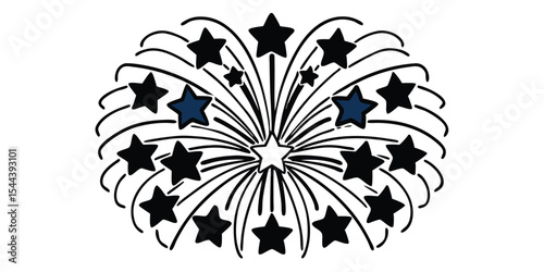 Illustration of a starburst design with black stars and curved lines radiating outward from center star