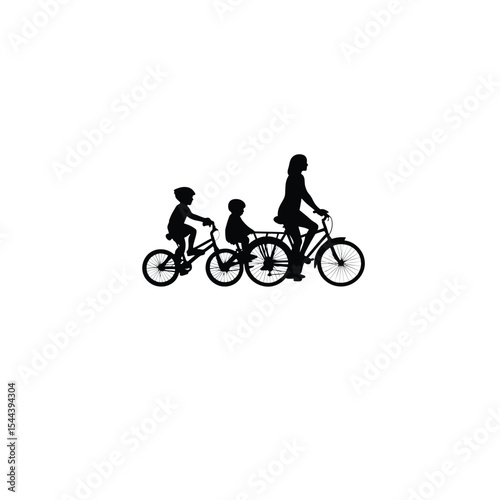 Silhouette of a family riding bicycles on a sunny day on white background