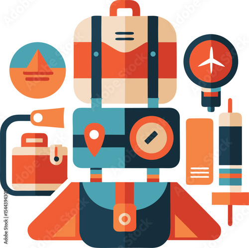 Vector Composition of Essential Travel Gear with Backpack