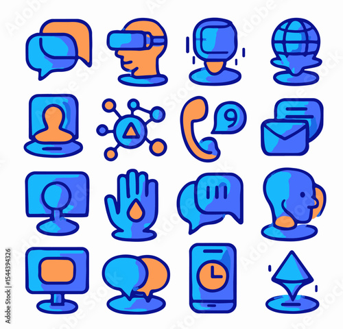 Collection of diverse communication icons for easy concept visualization. Each symbol represents an aspect of technology and communication