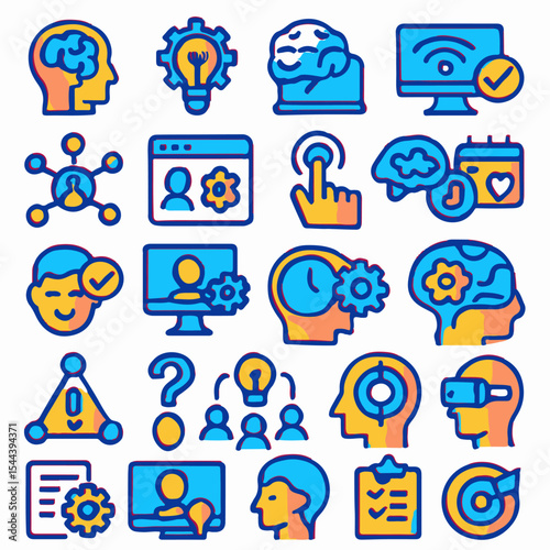A vibrant collection of illustrated icons representing ideas, innovation, and technology