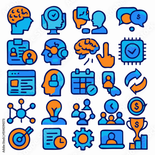 Collection of various business icon in blue and yellow color.