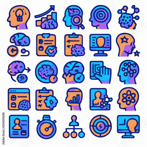 A vibrant collection of brain and mind icons representing various concepts. The icons are eye-catching, featuring detailed and colorful illustrations