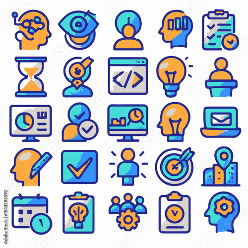 A collection of icon graphic designs symbolizing a wide range of business and technological concepts. These icons vary in shape and color