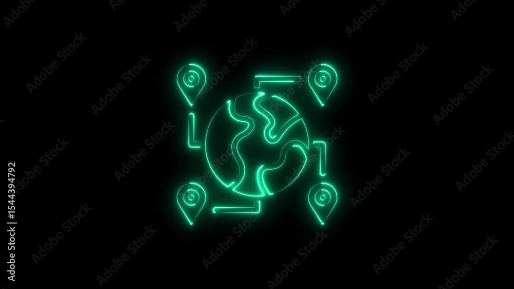 Glowing neon globe surrounded by location markers on a dark background Glowing neon globe surrounded by location markers on a dark background