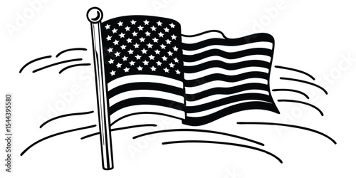 Illustration of a waving american flag with pole and wind lines in black and white drawing style