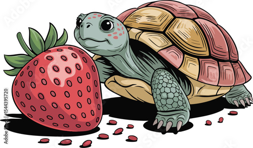 Smiling Turtle with Strawberry Vector Illustration