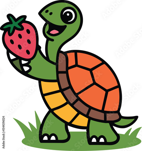 Smiling Turtle with Strawberry Vector Illustration
