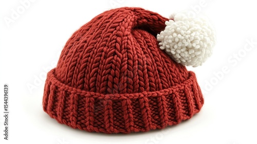 Red Santa Hat with White Pompom, Isolated on White Background, Perfect for Holiday-Themed Designs and Christmas Projects