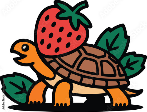 Smiling Turtle with Strawberry Vector Illustration