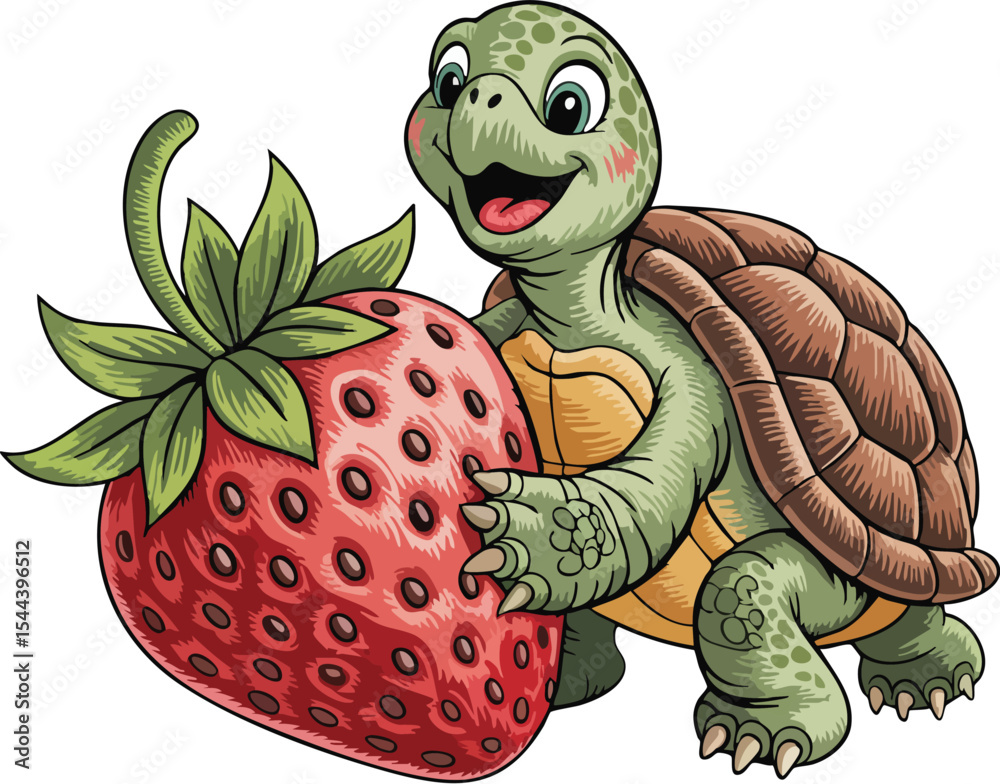 Fototapeta premium Smiling Turtle with Strawberry Vector Illustration