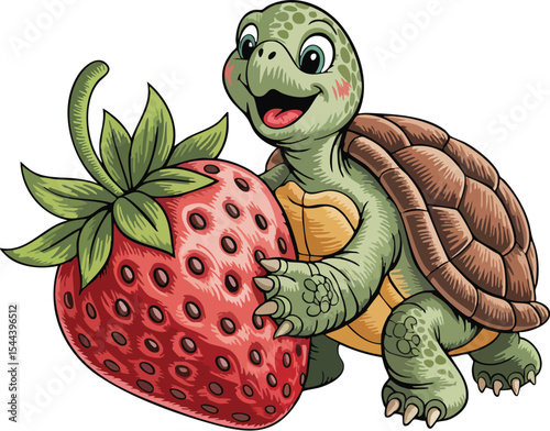 Smiling Turtle with Strawberry Vector Illustration