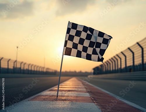 A checkered flag waving in the wind on an empty race track at sunset, symbolizing victory and success in motor racing or other sports events.